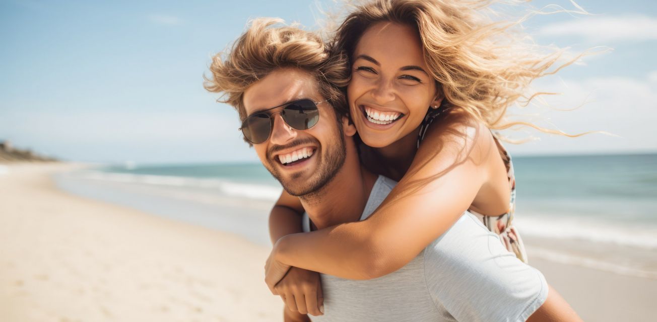 Beautiful young couple in sunglasses having fun on the beach. Man piggybacking his girlfriend.