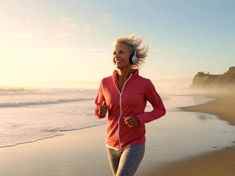 Middle age woman jogging on beach at morning with music on her headphones