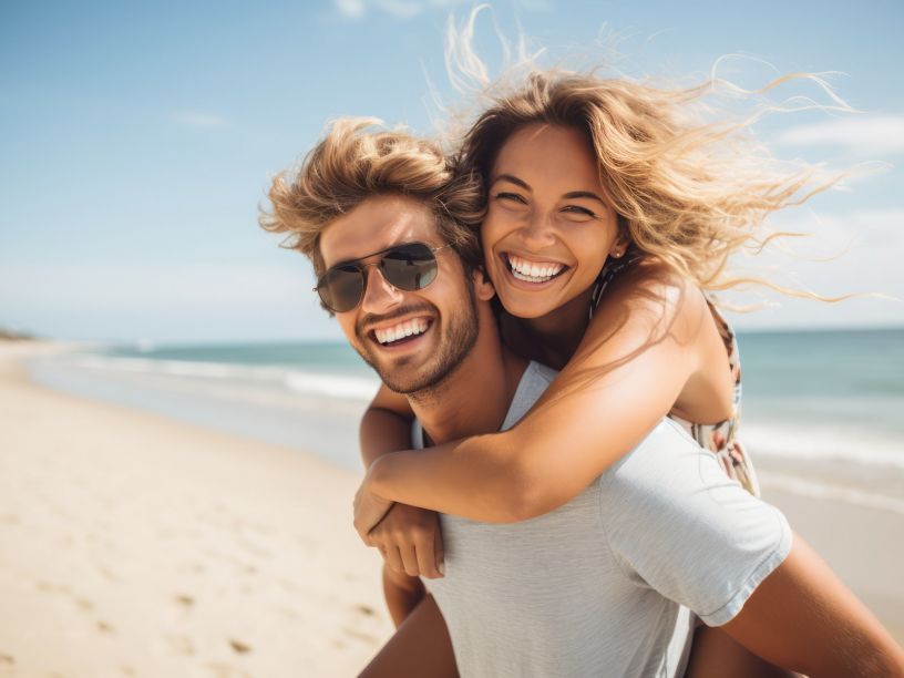 Beautiful young couple in sunglasses having fun on the beach. Man piggybacking his girlfriend.