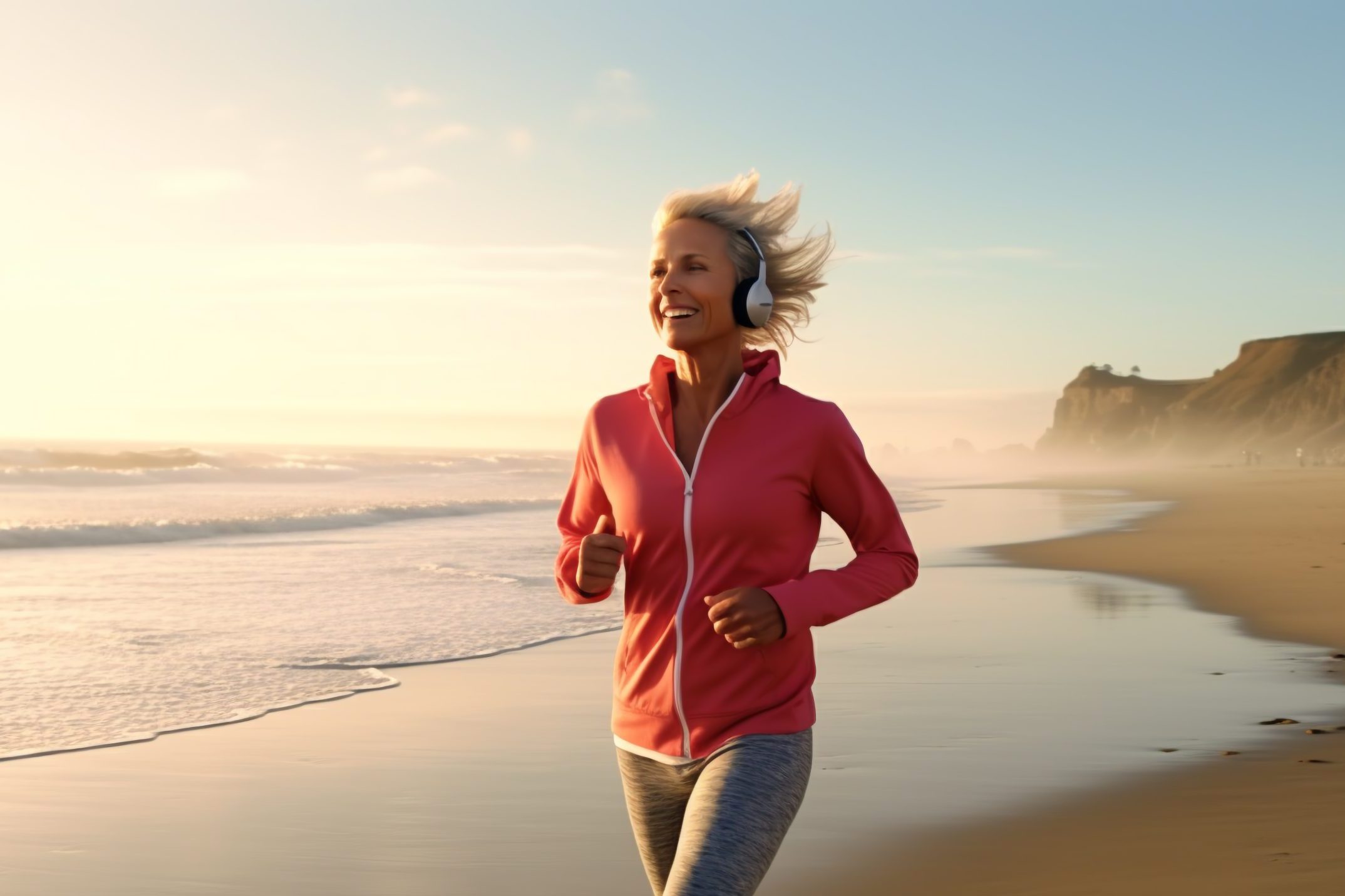 Middle age woman jogging on beach at morning with music on her headphones