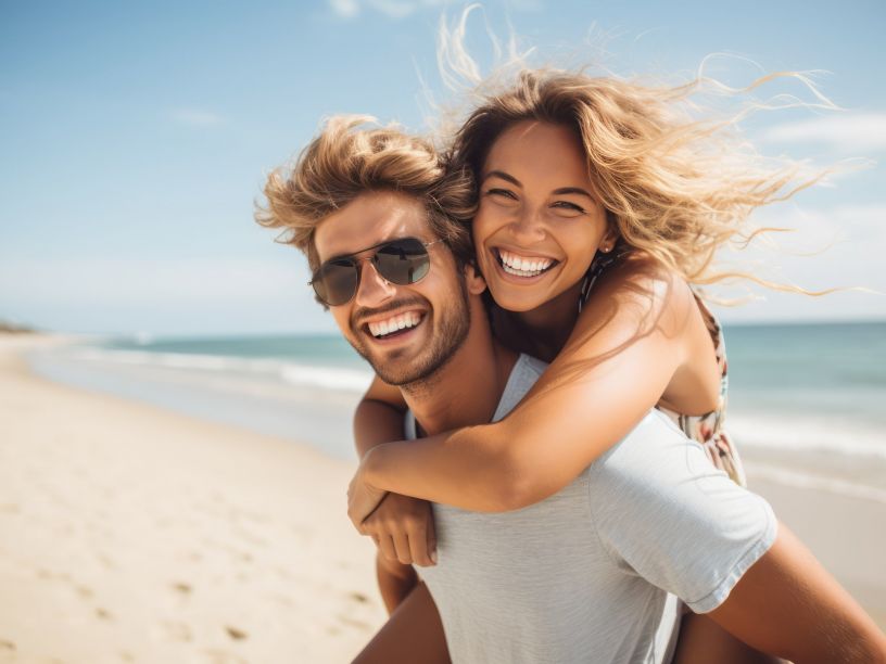 Beautiful young couple in sunglasses having fun on the beach. Man piggybacking his girlfriend.