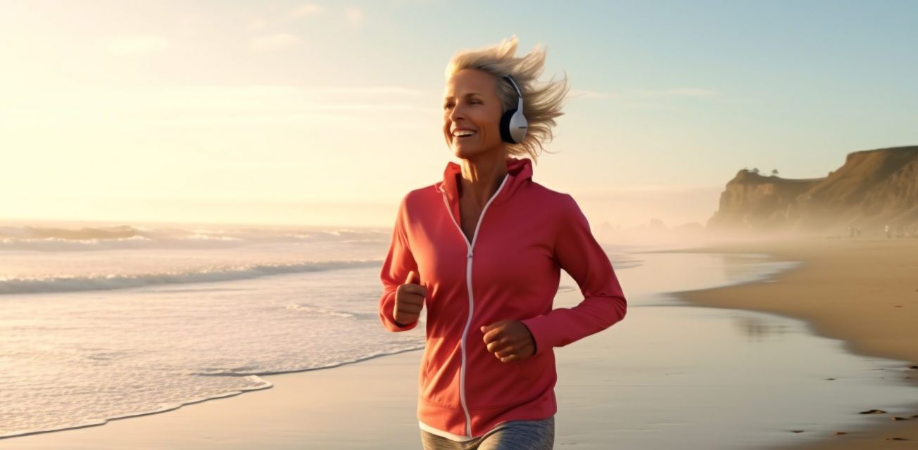 Middle age woman jogging on beach at morning with music on her headphones